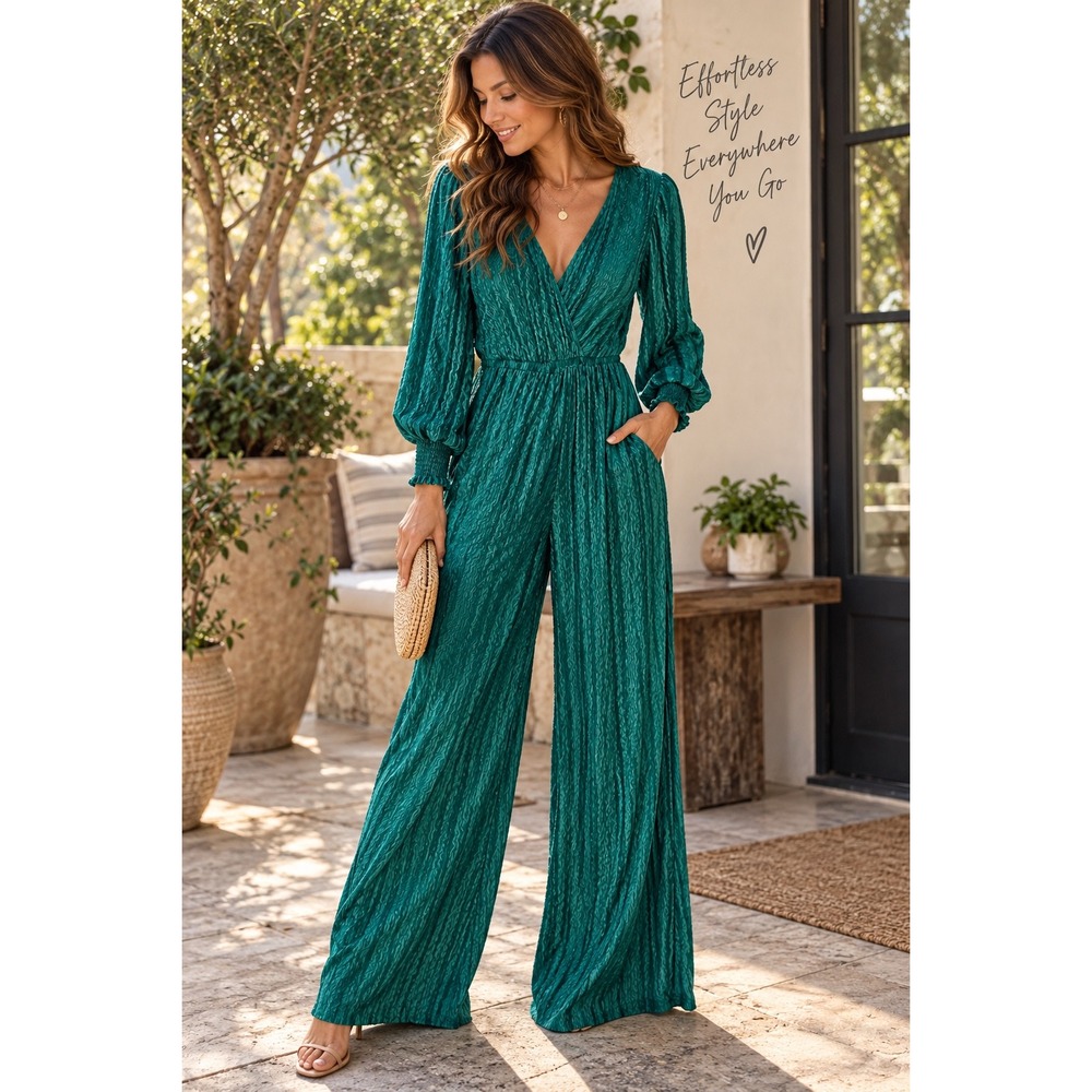 Flying Tomato Teal Green Plisse Wide Leg Jumpsuit L Long Sleeve Wrap V-Neck Boho